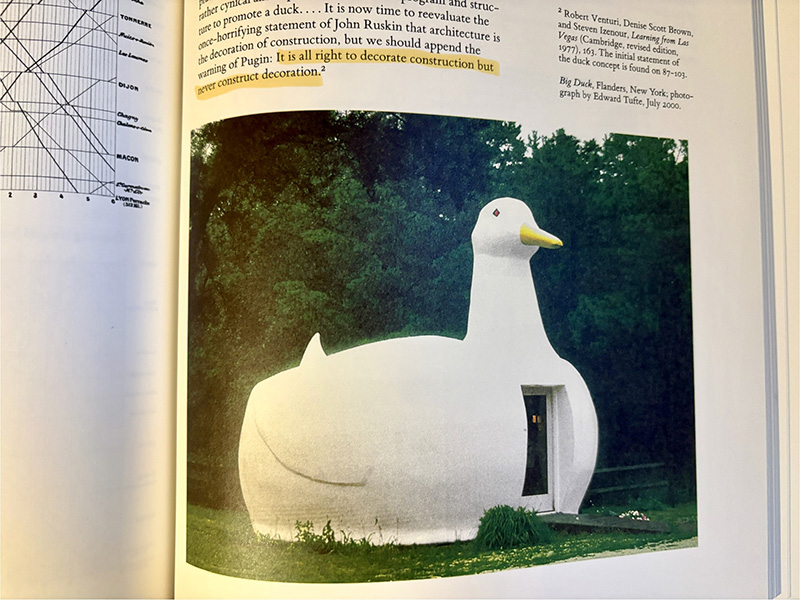 An image of a building shaped like a duck, illustrating the concept of a graphical duck, taken by Edward Tufte.