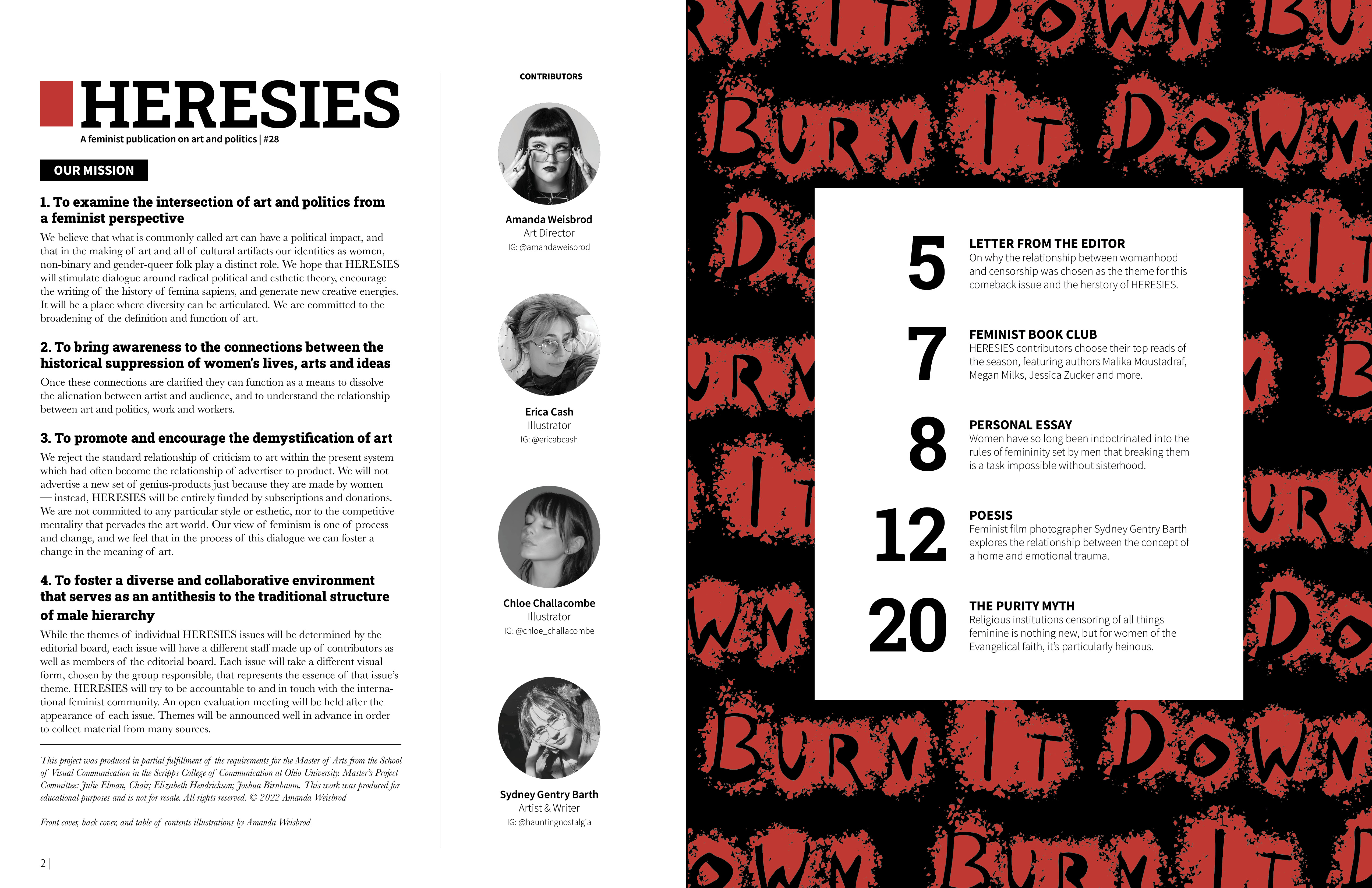 Table of contents for HERESIES magazine